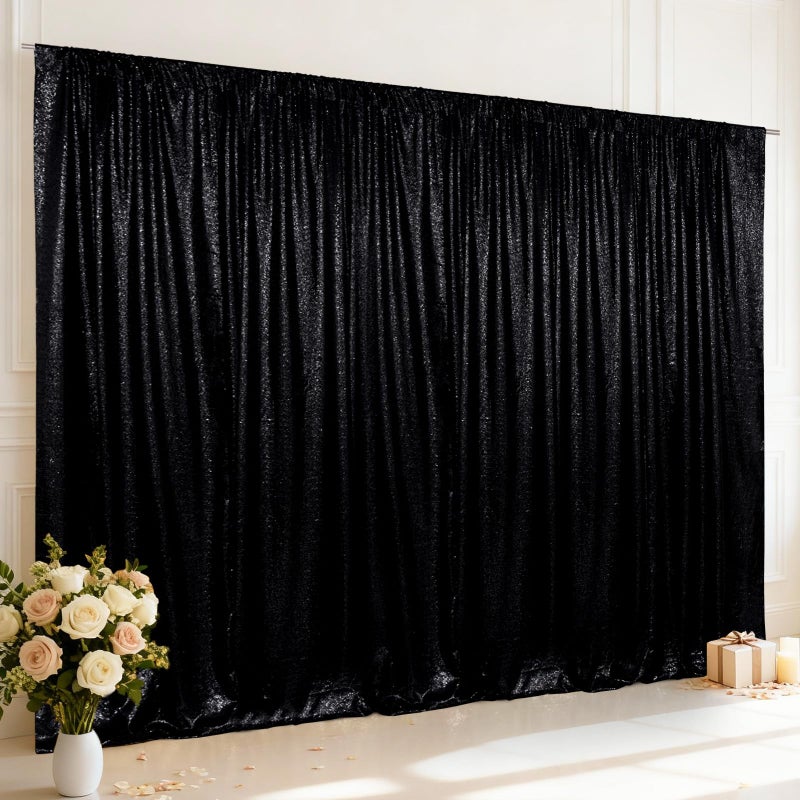 SquarePie Sequin Backdrop Curtain Less See Through Background for Wedding Halloween Party 20FT x 10FT Black - Image 1